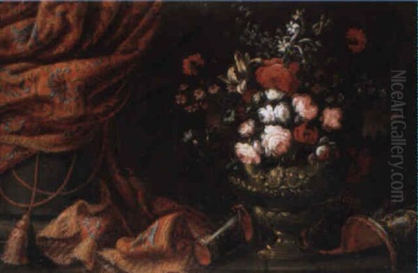 Natures Mortes Aux Vases De Fleurs, Armures Et Draperies Oil Painting by Antonio Gianlisi