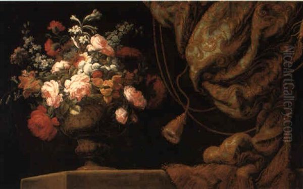 Roses And Other Flowers In A Terracotta Vase On A Stone Ledge With A Curtain Oil Painting by Antonio Gianlisi