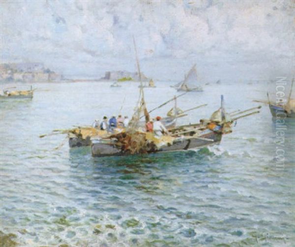 Barche Di Pescatori Nel Golfo Di Napoli Oil Painting by Giovanni Gianni