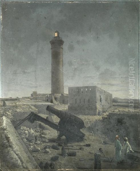 The Lighthouse At Alexandria After The Bombardment In 1882 Oil Painting by Girolamo Gianni