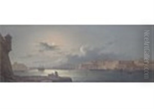 Grand Harbour, Valetta, Malta By Day And Night (a Pair) Oil Painting by Girolamo Gianni