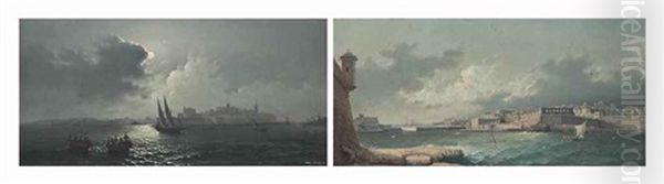 The Grand Harbour By Day; And Marsamxett Harbour By Night, Malta (pair) Oil Painting by Girolamo Gianni