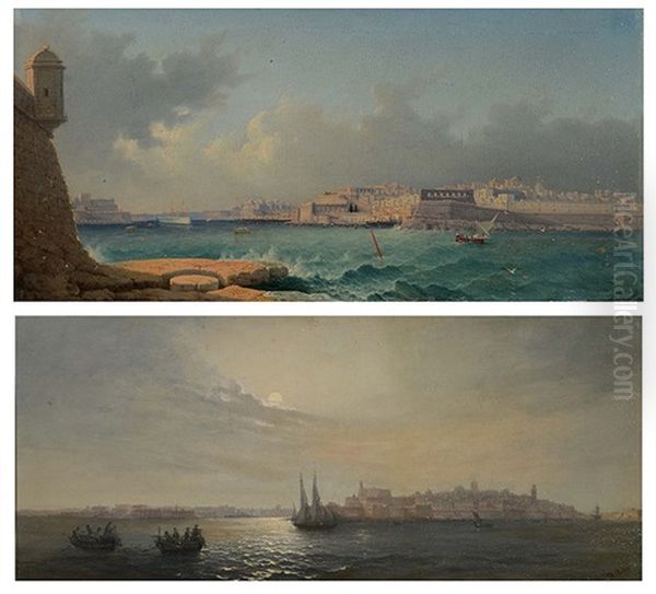 Morning, Valletta Harbour, Malta; Evening, Valletta Harbour, Malta (2 Works) Oil Painting by Girolamo Gianni