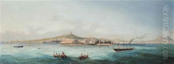 Vessels In The Bay Of Naples, Vesuvius Beyond Oil Painting by Girolamo Gianni