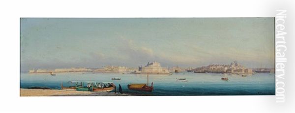 Views Of The Grand Harbor, Malta (2 Works) Oil Painting by Girolamo Gianni