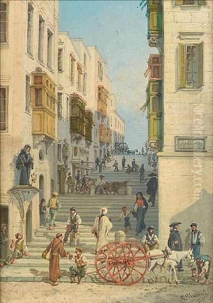 Valletta Street Scenes (+ Another;  Pair) Oil Painting by Girolamo Gianni