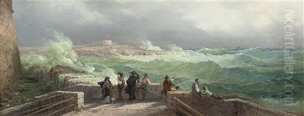 Figures Waiting At The Quay, Manoel Island, Malta, Fort Tigne Beyond Oil Painting by Girolamo Gianni