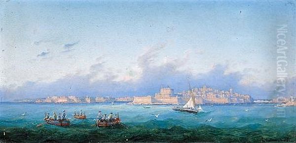 Boats Off Fort St. Elmo, Malta (+ A View Of St. Angelo, Malta; Pair) Oil Painting by Girolamo Gianni