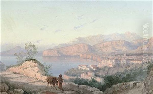 On The Coastal Road, Above Sorrento (+ Herding Cattle At The Temple Of Paestum; Pair) Oil Painting by Girolamo Gianni