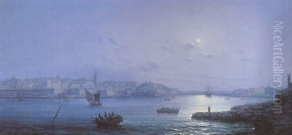 View Of Valletta By Moonlight Oil Painting by Girolamo Gianni