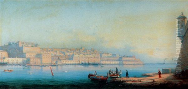 A View Of The Grand Harbor, Valetta, Malta Oil Painting by Girolamo Gianni