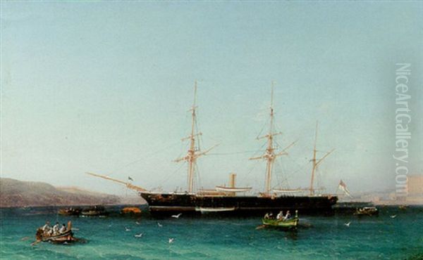 A Royal Navy Auxiliary Steam Sloop Riding At Anchor In Marsamascetto Harbour, Valletta, Malta Oil Painting by Girolamo Gianni