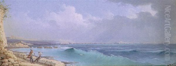 Selmoun And St. Paul's Island From St. Paul's Bay With Two Maltese Conversing In The Foreground Oil Painting by Girolamo Gianni