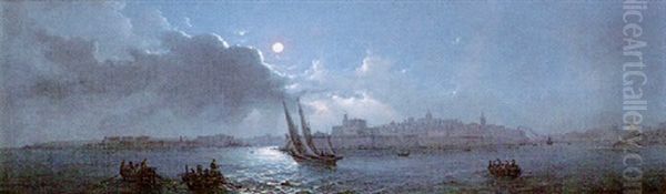 The Entrance To The Grand Harbour, Valletta By Night Oil Painting by Girolamo Gianni