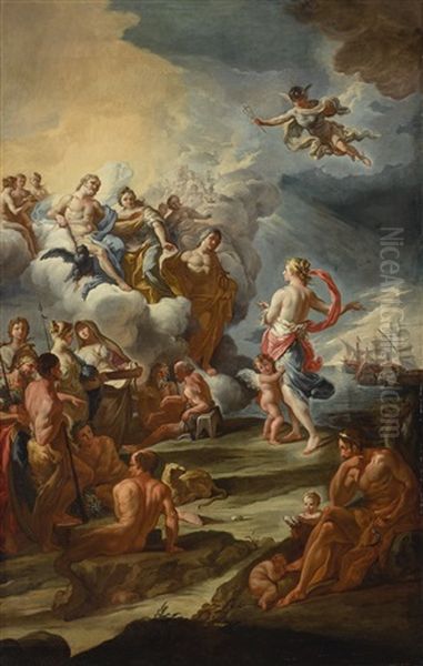 Venus Appealing To Jupiter, Juno, And Apollo On Behalf Of The Trojan Fleet Oil Painting by Corrado Giaquinto