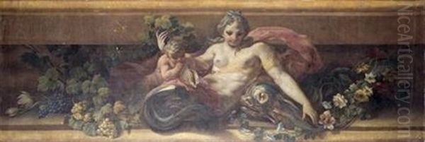 Sirena Y Amorcillo Con Guirnalda De Flores Y Uvas Oil Painting by Corrado Giaquinto