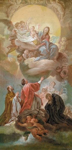 Die Madonna Mit Kind In Einer Engelsglorie Mit Vier Adorierenden Heiligen - Madonna Con Il Bambino In Gloria, Che Appare A Quattro Santi Oil Painting by Corrado Giaquinto