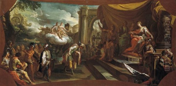 Enea Davanti A Didone Nel Tempio Di Giunone A Cartago: Aeneas Vor Dido Im Tempel Der Juno In Karthago Oil Painting by Corrado Giaquinto