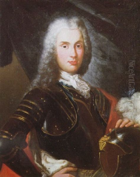 Portrait Of A Gentleman, (prince Del Drago?), Wearing Armour, His Left Hand Resting On His Plumed Helmet Oil Painting by Corrado Giaquinto