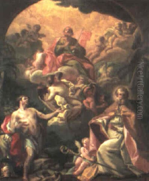 St. Paul In Glory With St. Sebastian And A Bishop Saint Oil Painting by Corrado Giaquinto