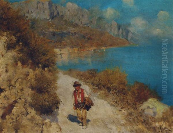 A Man On A Coastal Track With A Village Beyond Oil Painting by Carmine Giardiello