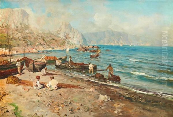 Fishermen At The Neapolitan Coast Oil Painting by Giuseppe Giardiello