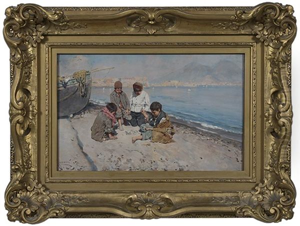 Boys Playing Cards On A Beach by Giuseppe Giardiello