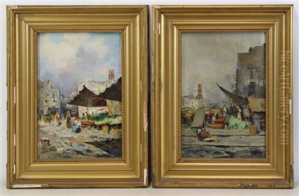 Pair Of Market Scenes Oil Painting by Giuseppe Giardiello