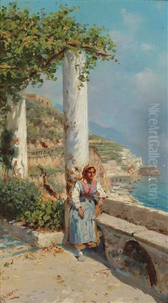 Girl On A Terrace Oil Painting by Giuseppe Giardiello