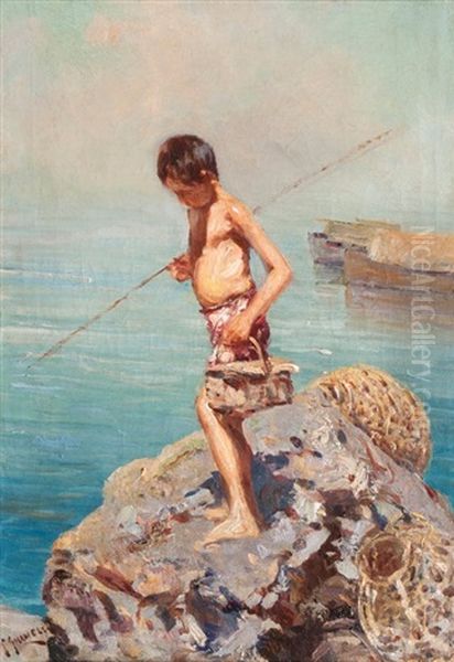 Kleiner Angler Auf Den Felsen Oil Painting by Giuseppe Giardiello