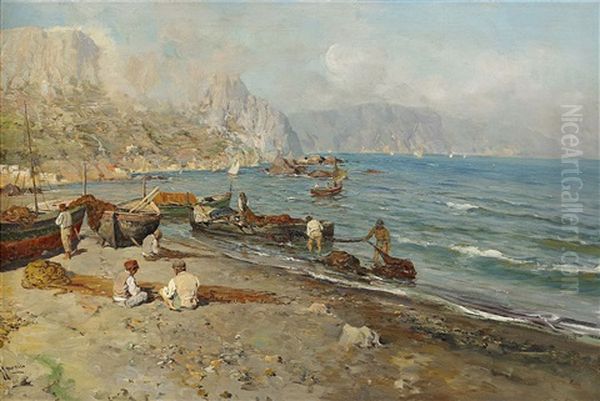 Southern European Scene With Fishermen Oil Painting by Giuseppe Giardiello