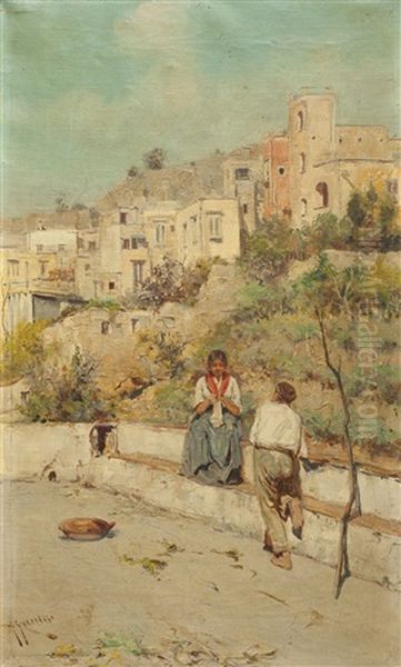 Pareja Con Pueblo Italiano Detras Oil Painting by Giuseppe Giardiello