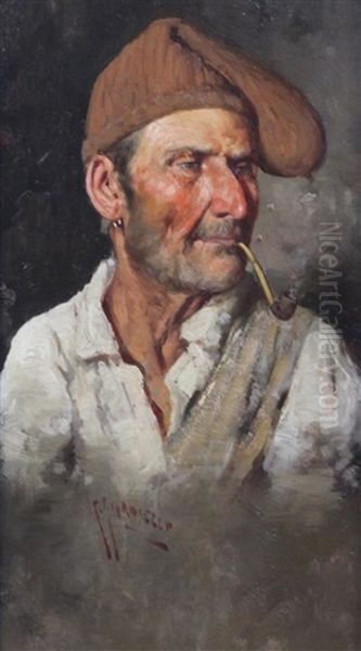 Portrait Of An Italian Man Smoking A Pipe And His Wife (a Pair) Oil Painting by Giuseppe Giardiello