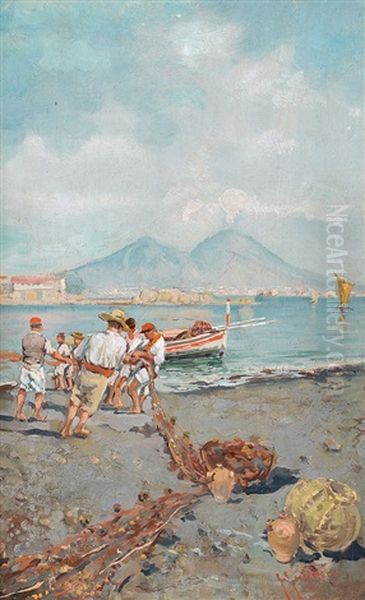 Pescatori Al Recupero Delle Reti Oil Painting by Giuseppe Giardiello