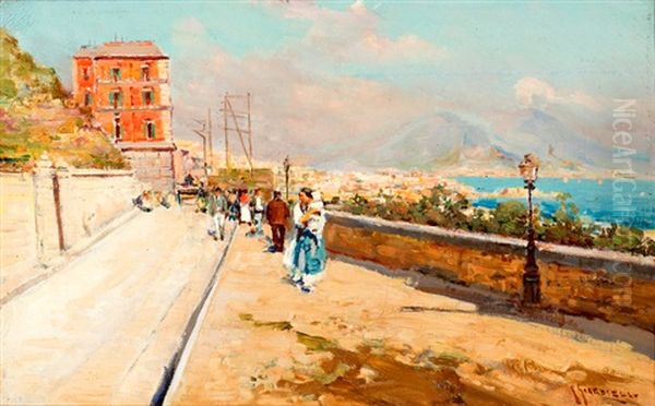 Wandelaars Bij Italiaanse Kustplaats Oil Painting by Giuseppe Giardiello