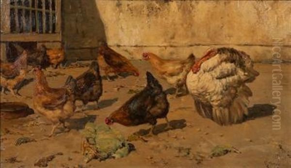 Turkey And Poultry In A Sunlit Yard Oil Painting by Giuseppe Giardiello