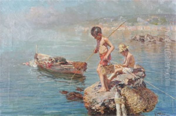 Metande Pojkar I Neapelbukten Oil Painting by Giuseppe Giardiello