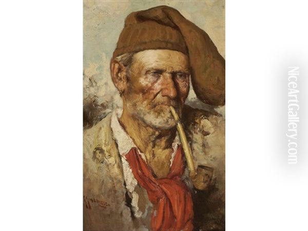 Portrait Of An Older Man Smoking A Pipe Oil Painting by Giuseppe Giardiello