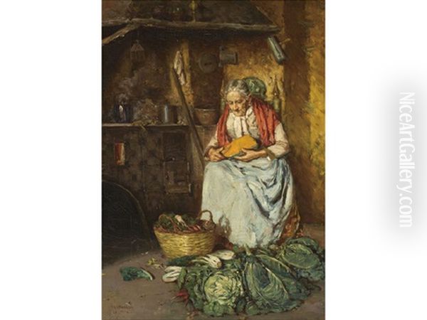 Woman Preparing Food In A Kitchen Oil Painting by Giuseppe Giardiello