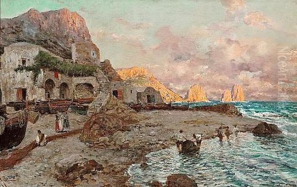 A View Of The Coast Of Capri With Figures On The Beach And I Faraglioni Beyond Oil Painting by Giuseppe Giardiello