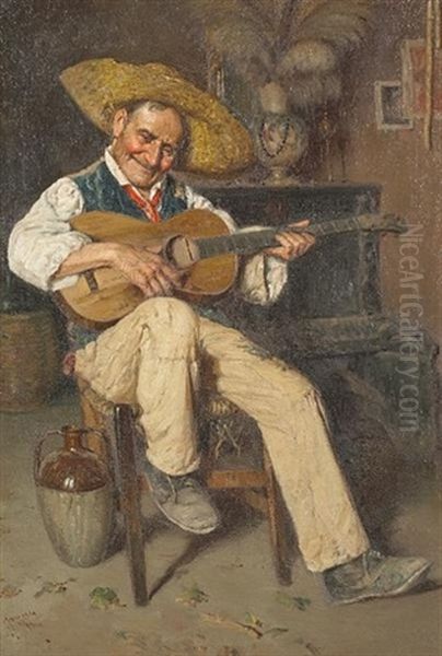 A Musician In An Interior (+ A Guitar Player; Pair) Oil Painting by Giuseppe Giardiello