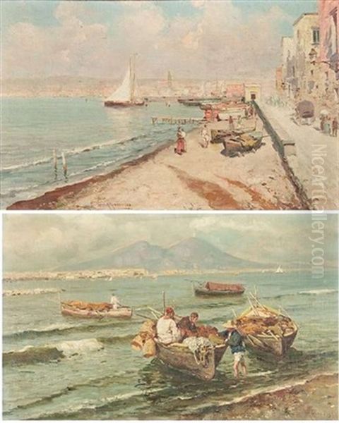 Fischer In Der Bucht Von Neapel (+ Promenade Am Hafen, Wohl Capri; Pair) Oil Painting by Giuseppe Giardiello