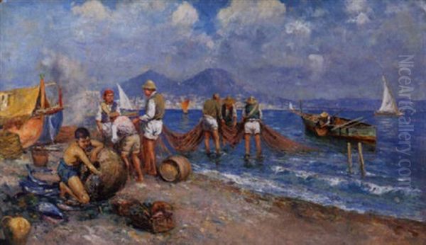 Pescatori Sulla Spiaggia Di Napoli Oil Painting by Giuseppe Giardiello