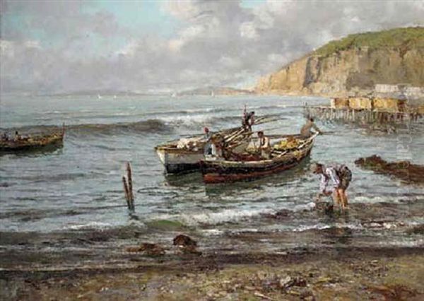 Fishing Boats Off The Neapolitan Coast Oil Painting by Giuseppe Giardiello