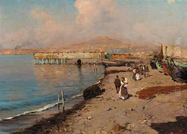 Figures On The Beach In The Bay Of Naples Oil Painting by Giuseppe Giardiello