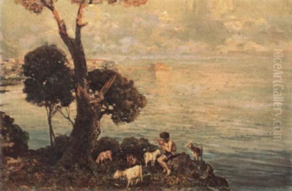 Goat Boy And Flock, Bay Of Naples Oil Painting by Giuseppe Giardiello