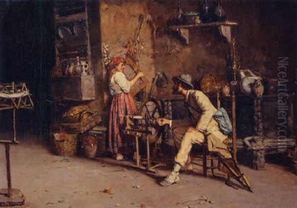 At The Spinning Wheel Oil Painting by Giuseppe Giardiello