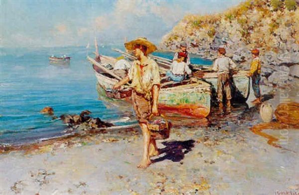 Fishermen On The Beach Oil Painting by Giuseppe Giardiello