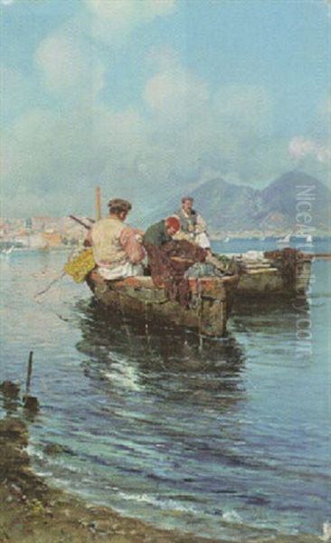 Fischer Mit Nachen In Der Bucht Von Neapel Oil Painting by Giuseppe Giardiello