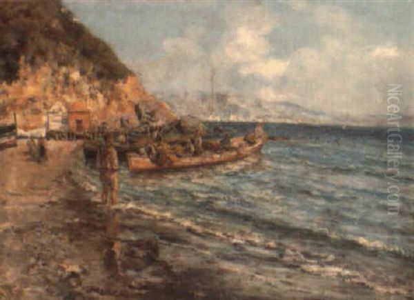 An Italian Beach With Fishing Boats Returning Home Oil Painting by Giuseppe Giardiello